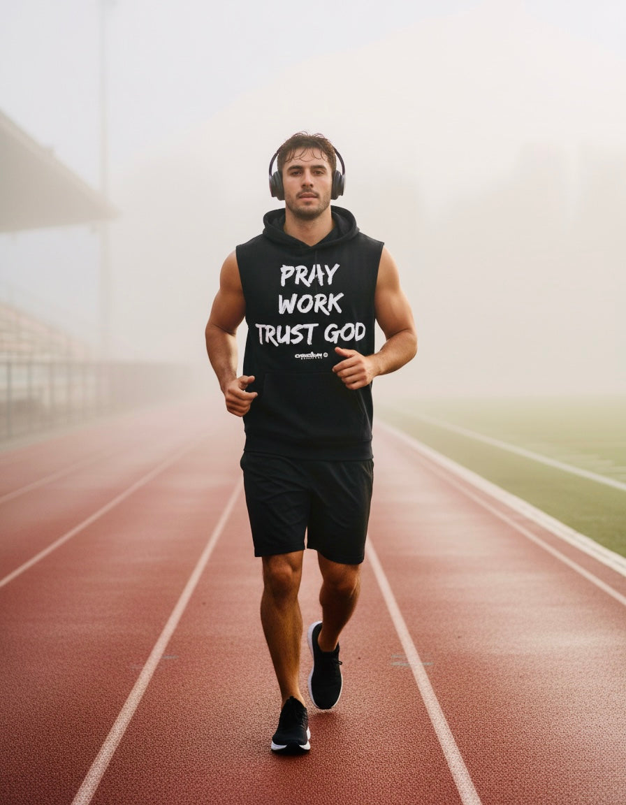 Collection of 'Pray Work Trust God' Hooded Tank Black in a gallery layout