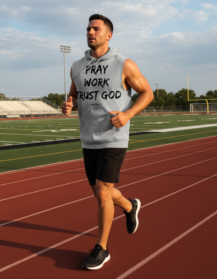 Collection of 'Pray Work Trust God' Hooded Tank Gray in a gallery layout