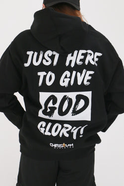 Collection of Sudadera con capucha extragrande negra "Just Here To Give God Glory" in a gallery layout