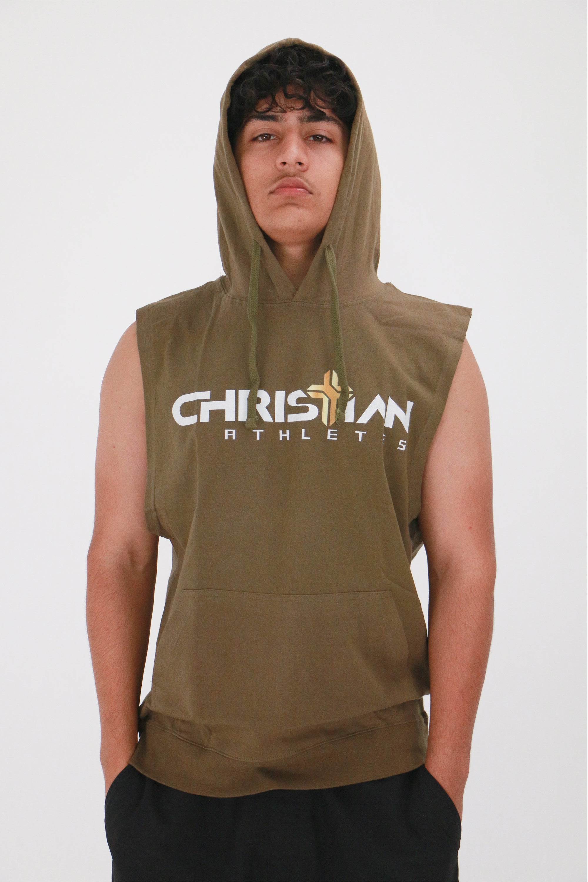 Collection of Men's Christian Athletes Logo Sleeveless Hoodie Army Green in a gallery layout