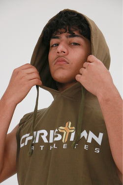Collection of Men's Christian Athletes Logo Sleeveless Hoodie Army Green in a gallery layout