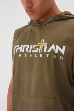 Collection of Men's Christian Athletes Logo Sleeveless Hoodie Army Green in a gallery layout