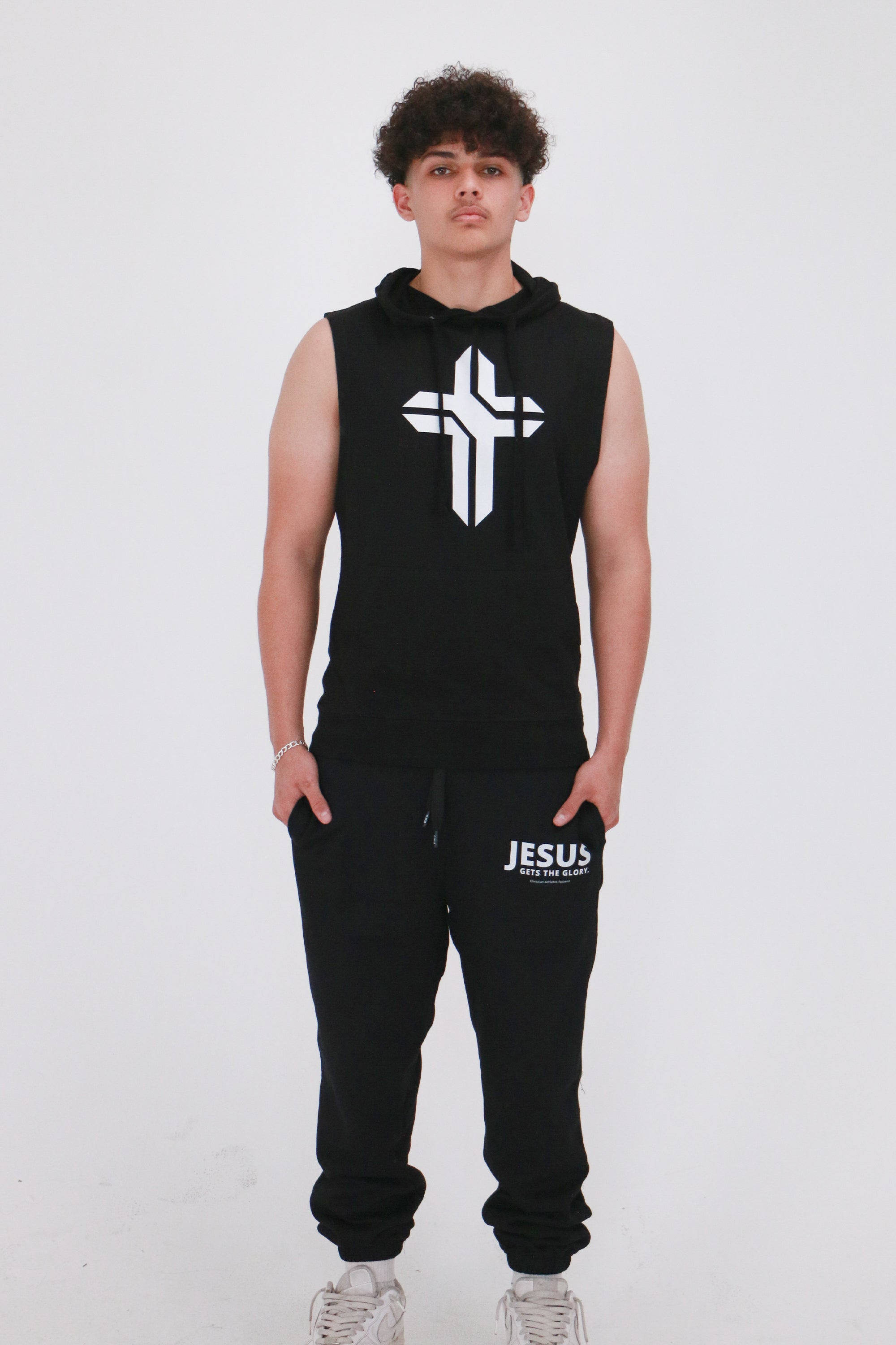 Collection of Men's Cross Logo Sleeveless Hoodie Black in a gallery layout